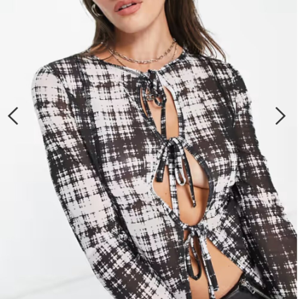 Reclaimed Vintage Sheer Tie Front Mesh Top Cardigan in Black & White Print XS